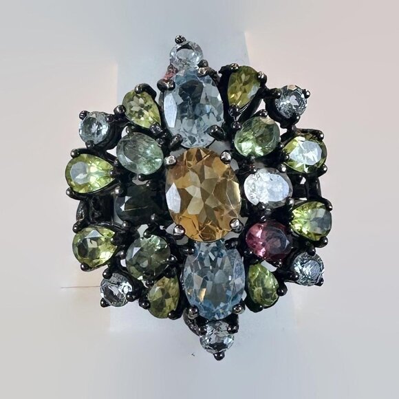 Gemstone Ring, Sterling Silver, Blue Topaz, Peridot, Citrine, Tourmaline - Picture 2 of 8